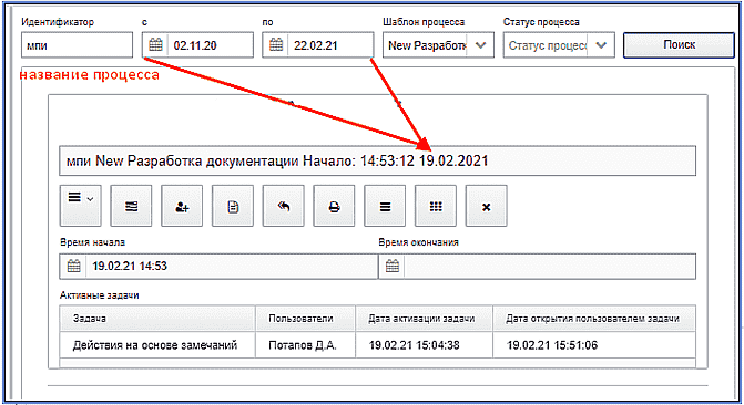 панель "Управление процессом" панель "Управление процессом"