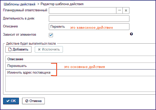  форма "Редактор шаблона действий"
